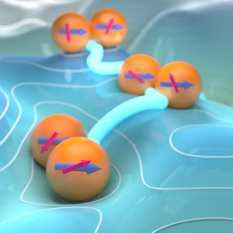 Artistic image of magnetic dimers in an energy landscape