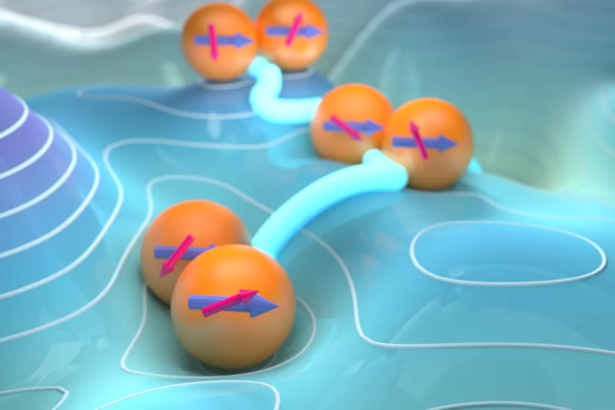 Artistic image of magnetic dimers in an energy landscape